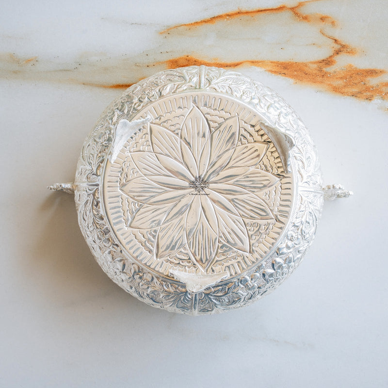 Silver Embossed Urli with Handles & Lotus Design for Home Décor - 1850 ML