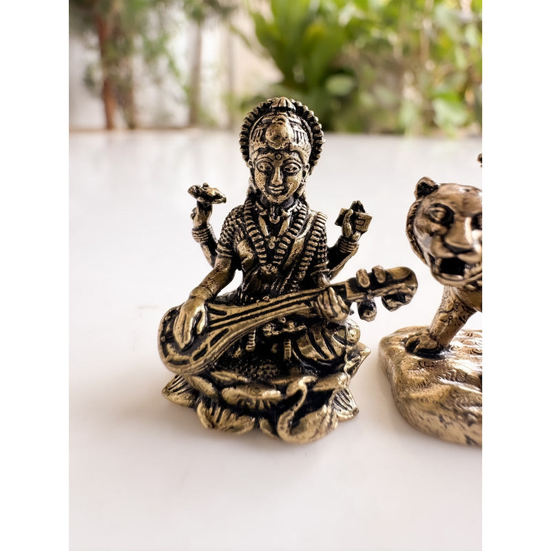 Pure Brass Miniature Durga Lakshmi Saraswati Combo - Navratri Tridevi Combo