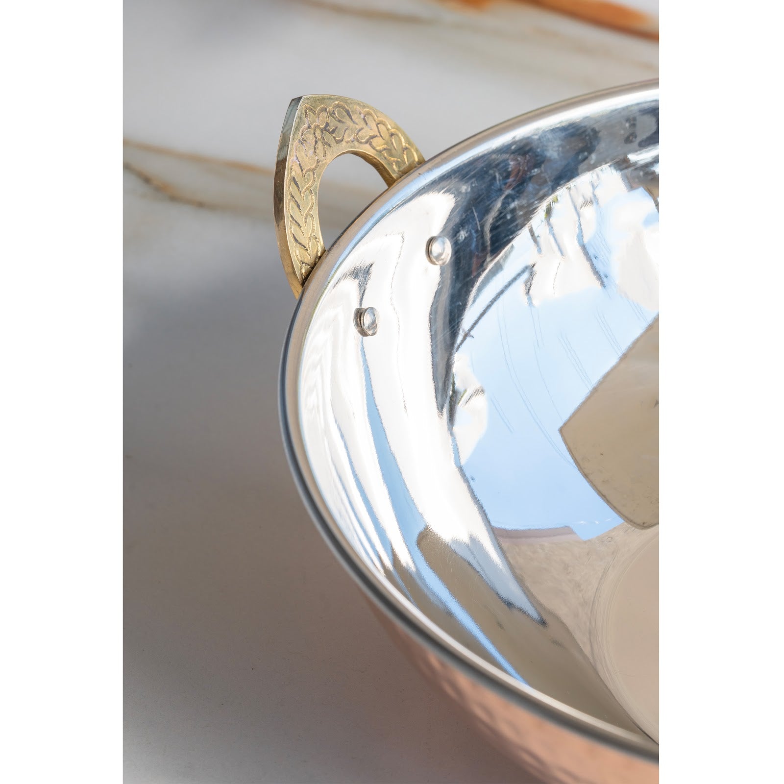 Steel Copper Hammered Design Kadhai - Elegant Serveware with Brass Handles, Traditional Indian Tableware for Dining, Special Occasions & Gifting