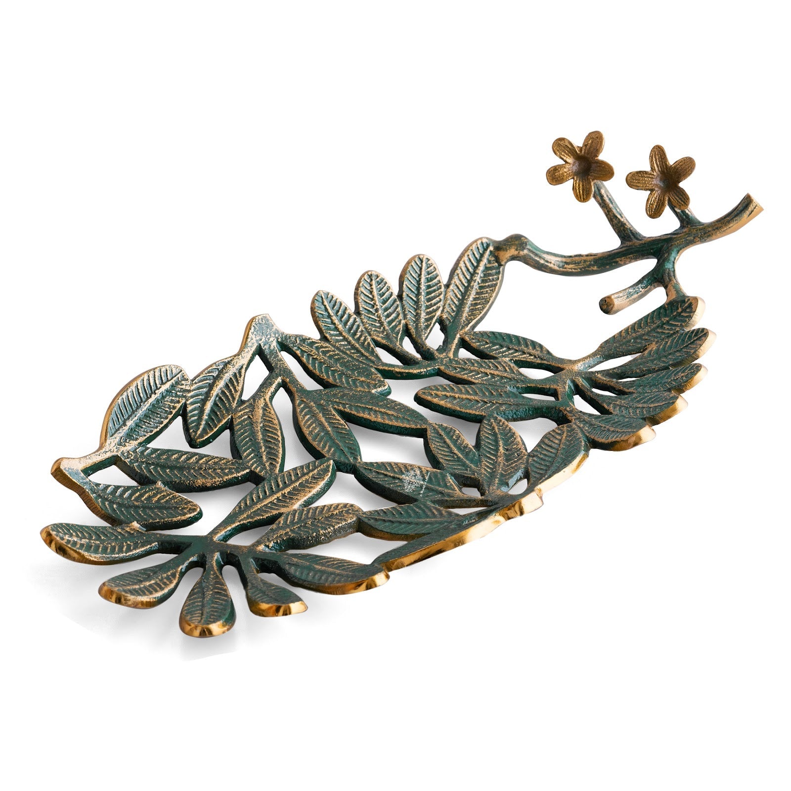 Brass Finish Green Banana Leaf Design Decorative Tray – 40 cm, Elegant Oval Shaped Centerpiece for Home Décor And Table Decoration