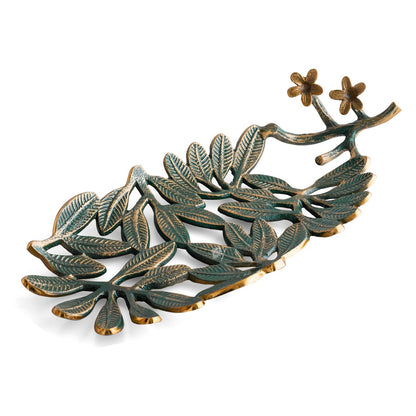 Brass Finish Green Banana Leaf Design Decorative Tray – 40 cm, Elegant Oval Shaped Centerpiece for Home Décor And Table Decoration