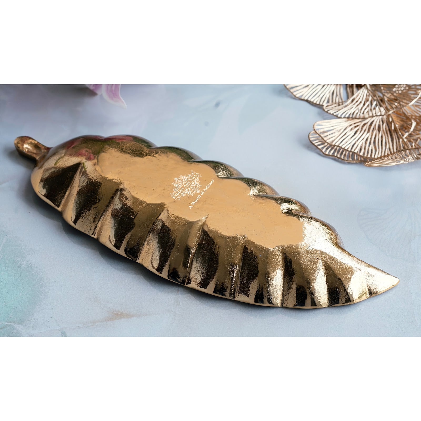 Gold Finish Green Leaf Design Decorative Platter – 43 Cm Banana Leaf Shaped Tray for Home Décor