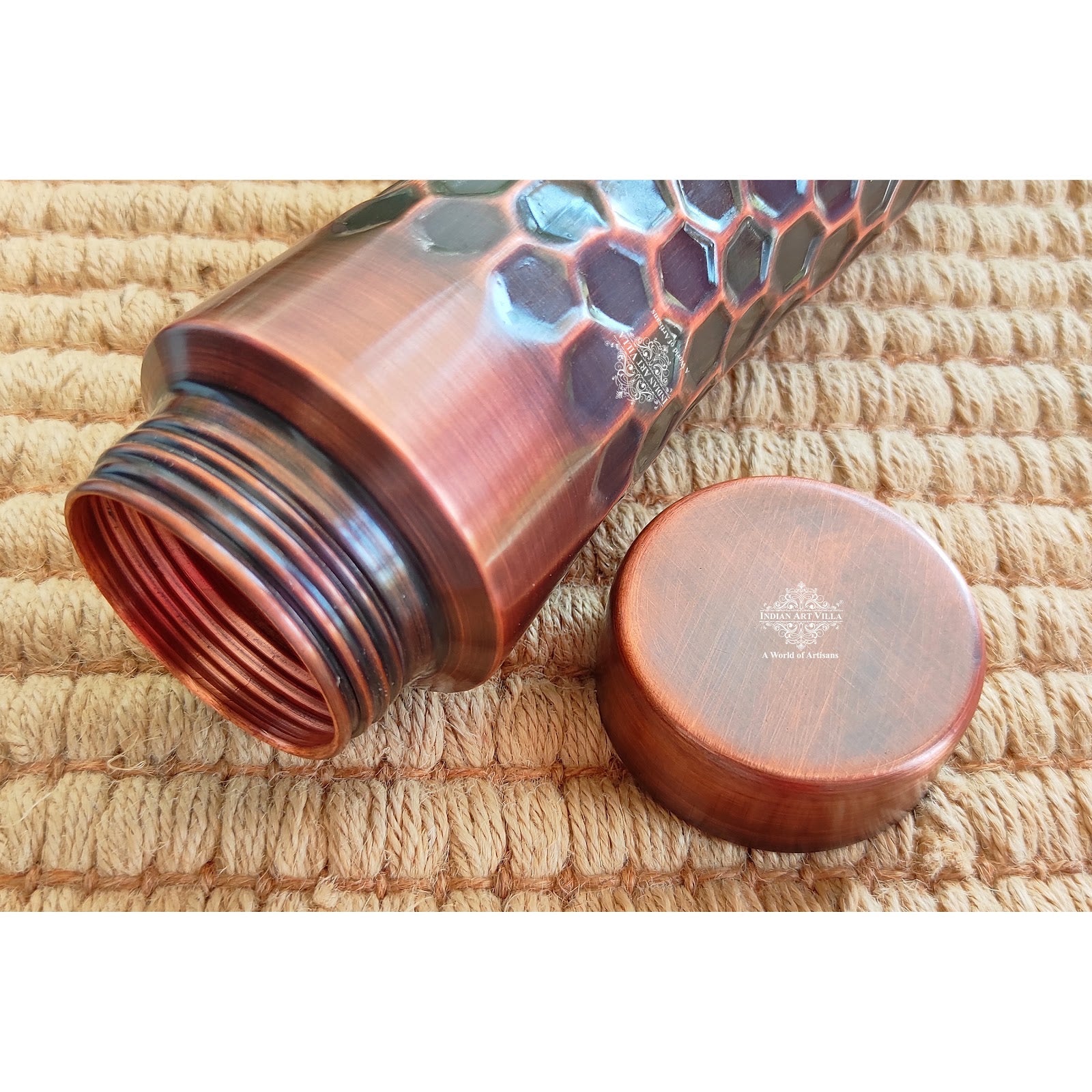 Copper Water Bottle with Antique Dark Embossed Finish & Honeycomb Design