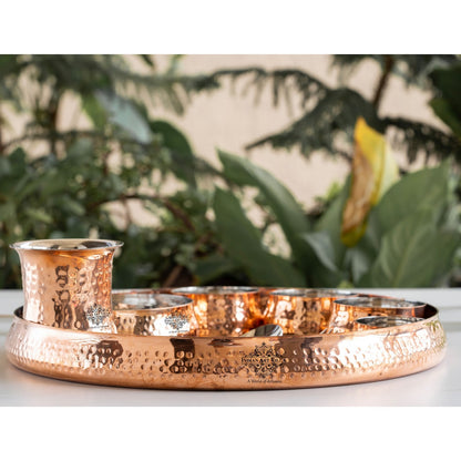 Steel Copper 9-Piece Curve Thali Set, Hammered Shine Finish- – Elegant Tableware for Traditional Dining, Perfect for Home, Restaurant, Special Occasions