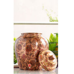 Pure Copper Water Pot | Dispenser | Matka with Printed Flower & Leaf Design, 13 Ltr.