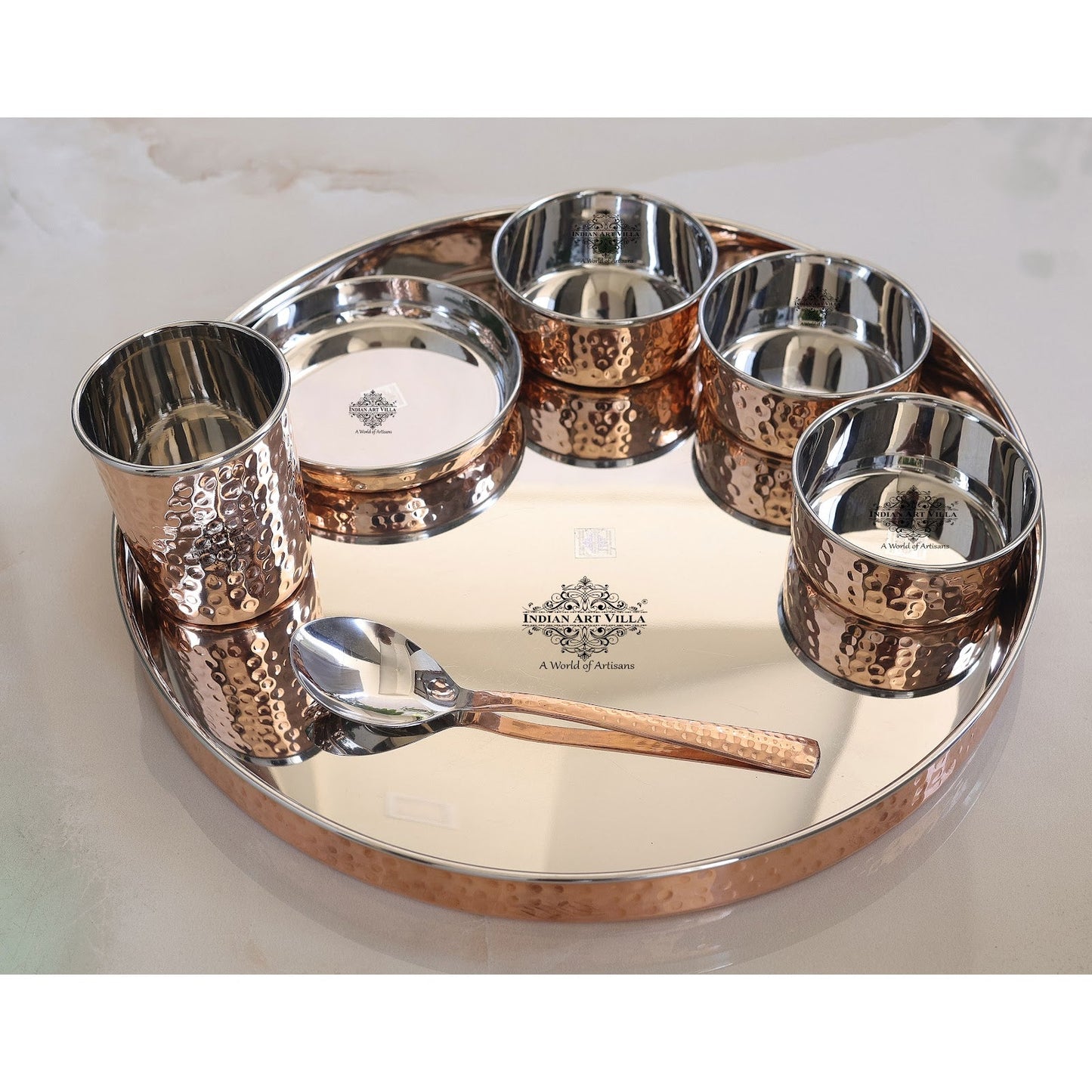 Steel Copper Dinner Set With Antique Hammered Design