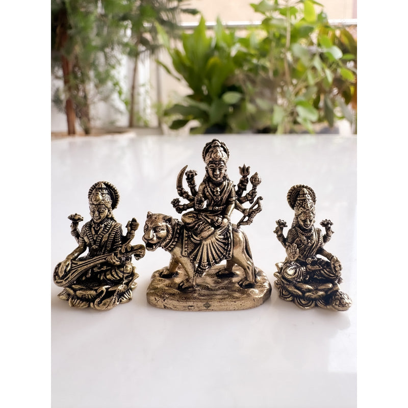 Pure Brass Miniature Durga Lakshmi Saraswati Combo - Navratri Tridevi Combo