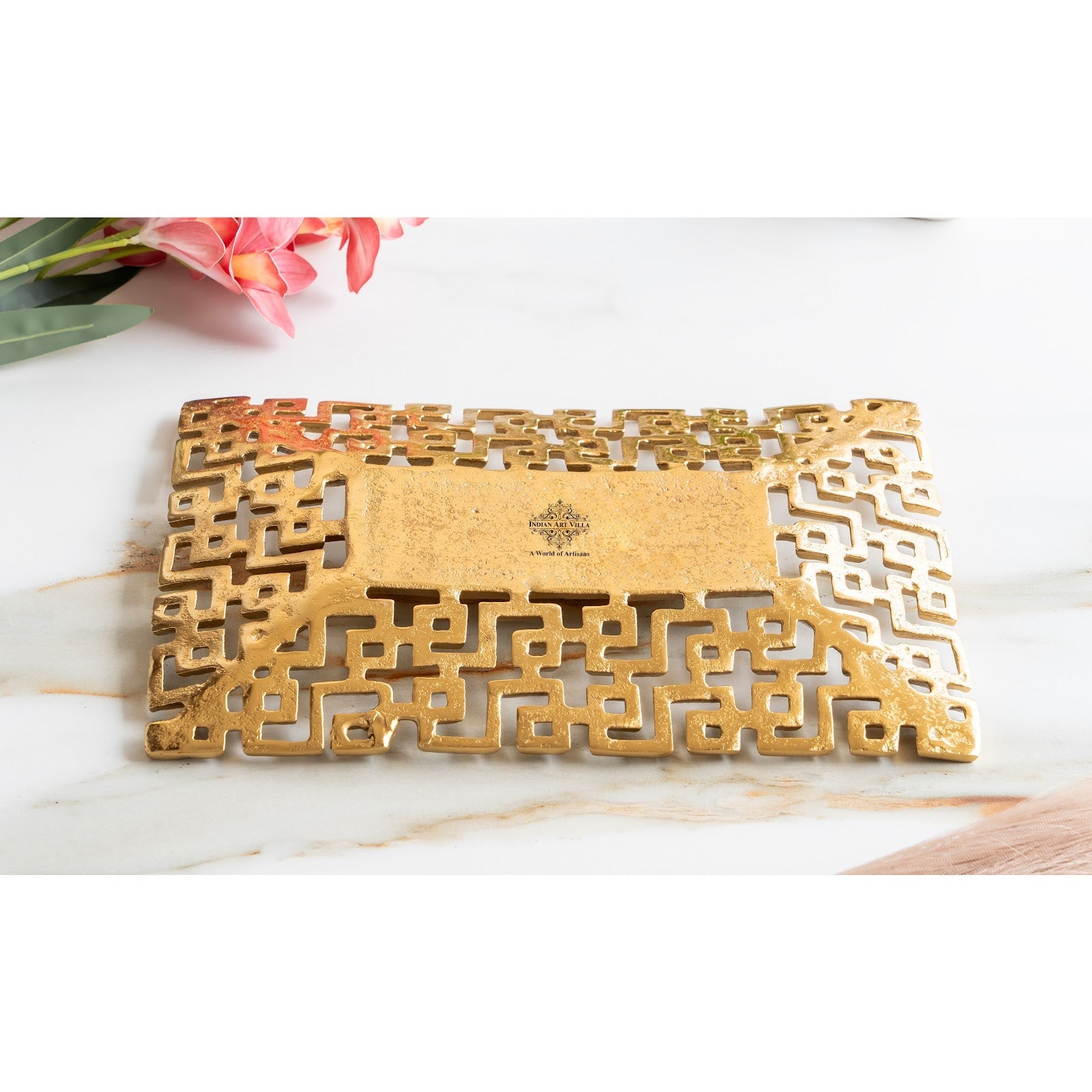 Gold Finish Antique Lacquer Matte Square Decorative Item Design Tray, Elegant For Home Decor