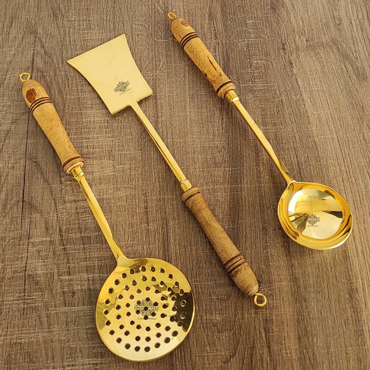 Pure Brass Serving & Cooking Spoon Set of 3( Palta(Spatula), Jhar(Skimmer) , Chamcha(Deep Ladle)