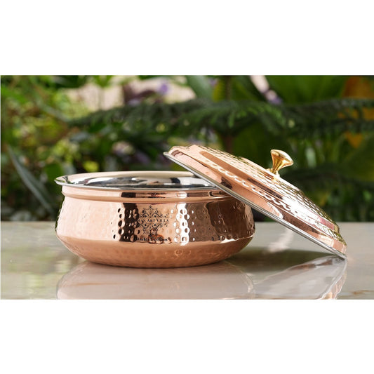 Handcrafted Pure Steel Copper Hammered Design Handi with Lid, Serveware, Tableware