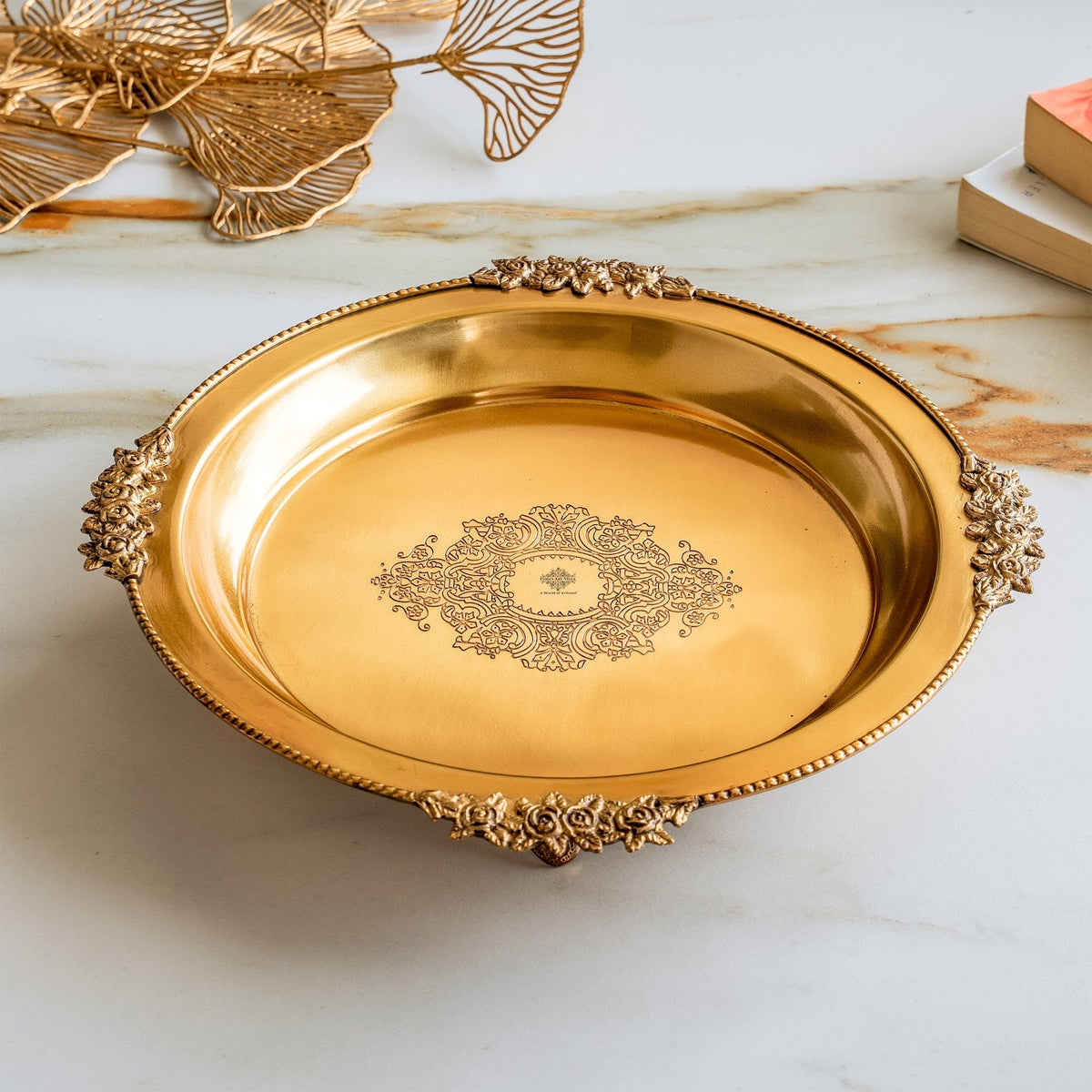 Pure Brass Round Tray with Rose Border For Home Décor