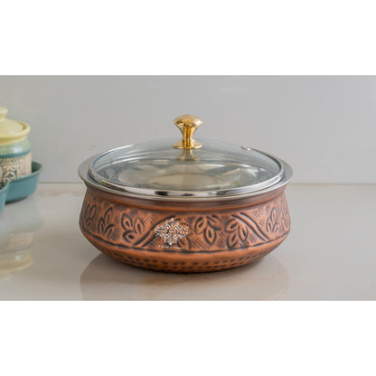 Premium Steel Copper Handi with Antique Finish, Intricate Embossed Design, and Glass Lid - Perfect for Serveware And Tableware.