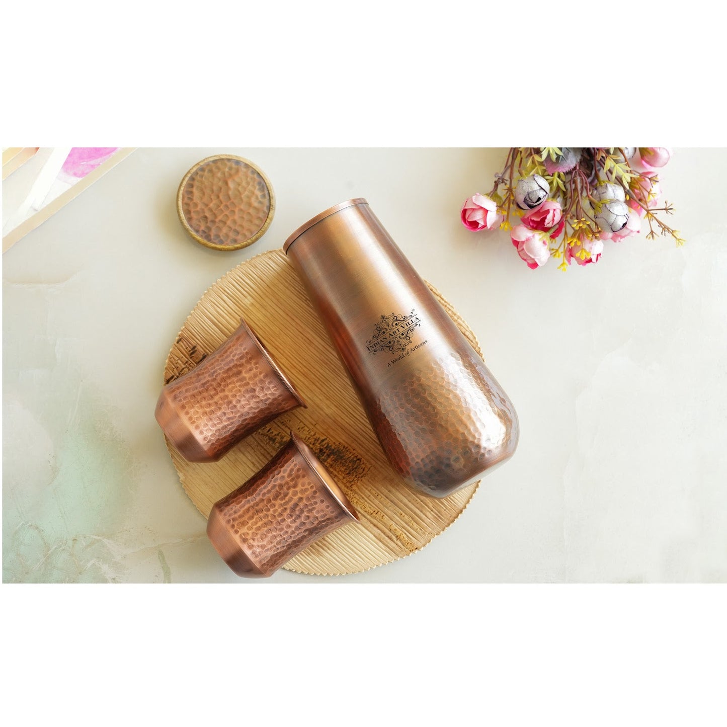 Pure Copper Drinkware Gift Set of Copper Bedroom Bottle & Copper Glass