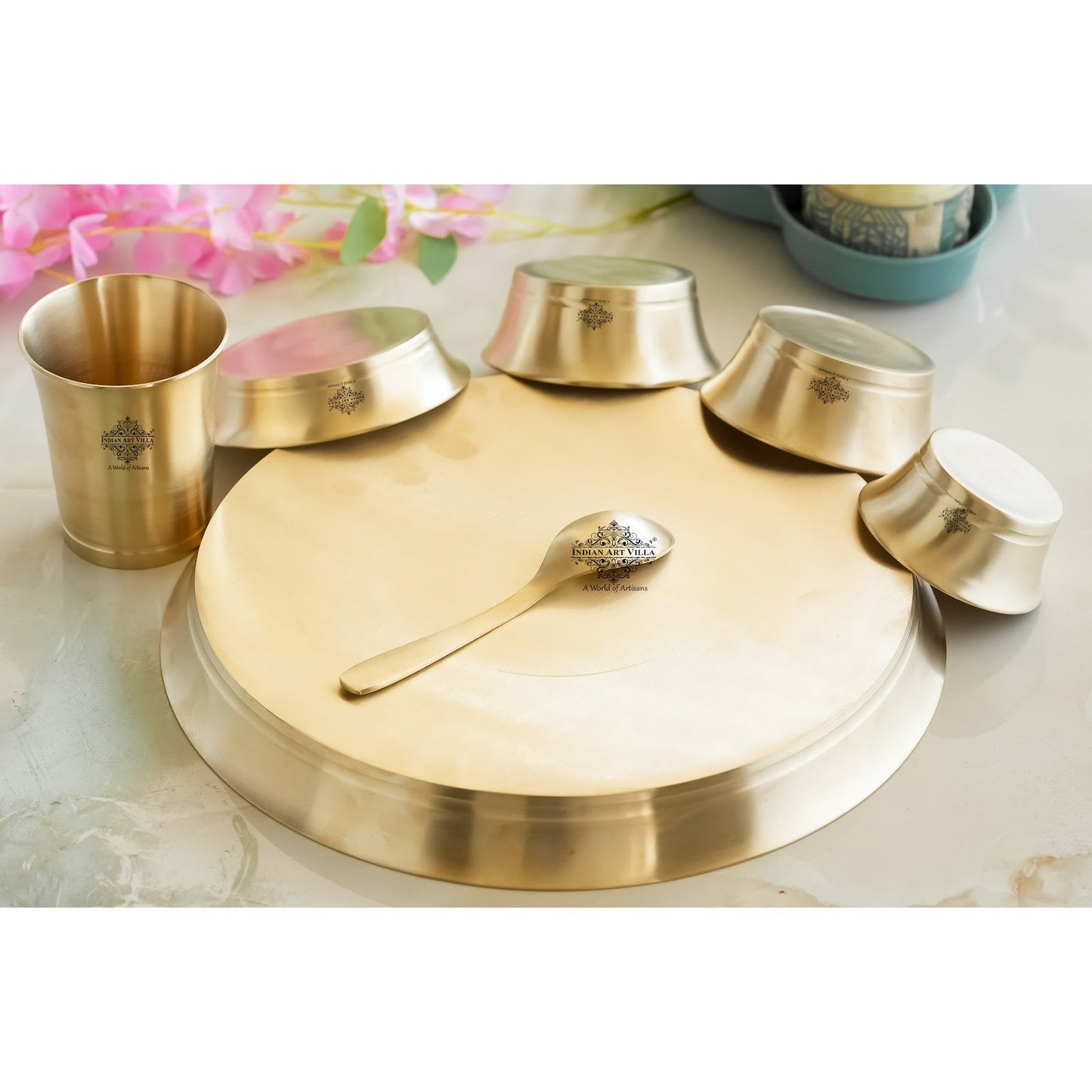 Pure Brass Matt Finish & Hammered 7 Pieces Dinner Set / Thali Set | DinnerWare |