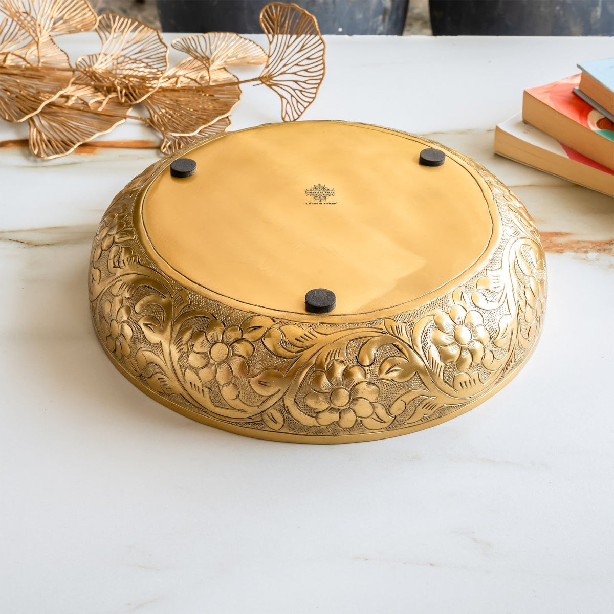 Brass Finish Urli Bowl with Floral Embossed Design