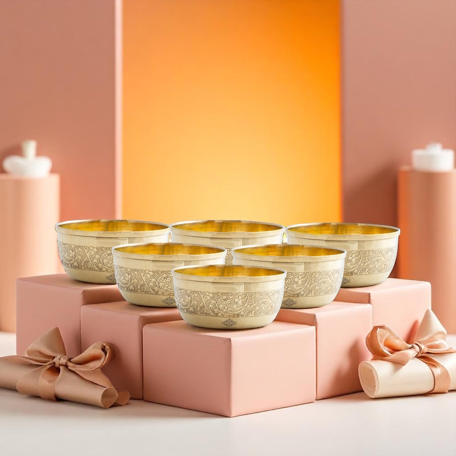 Pure Brass Embossed Design Flat Bottom Bowl, Decorative Dinnerware, Tableware and Serveware for Home Hotel Restaurant, Volume-200 ml