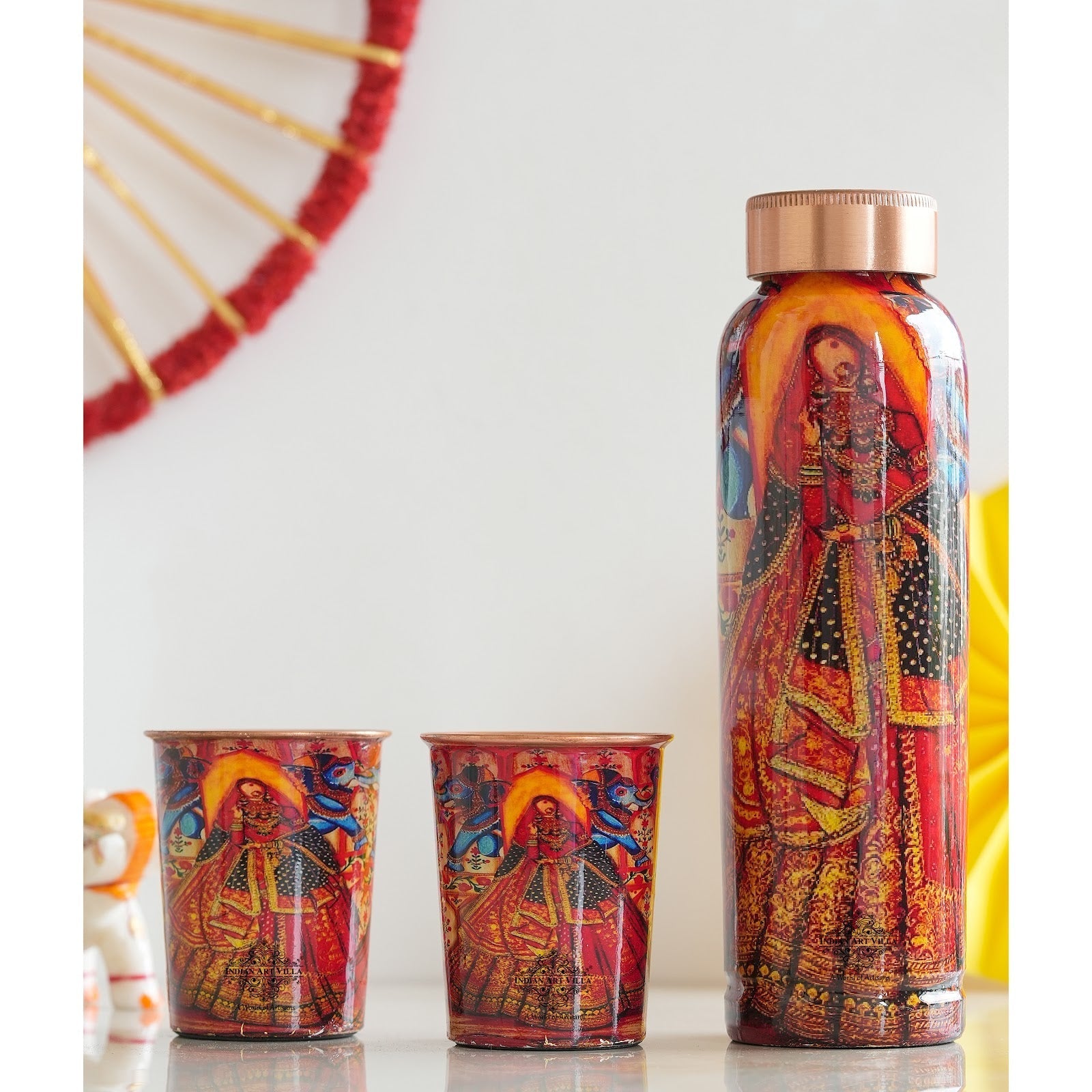 Rajasthani Meena "Padharo Mhare Desh" Printed Copper Bottle & Glass Set