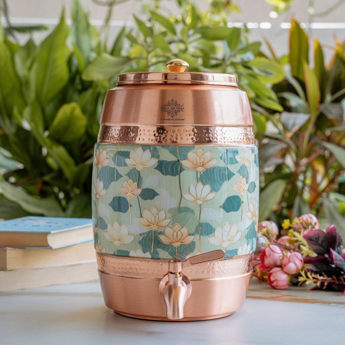 Copper Water Pot with Hammered Lotus Design & Brass Tap – 5300 ML