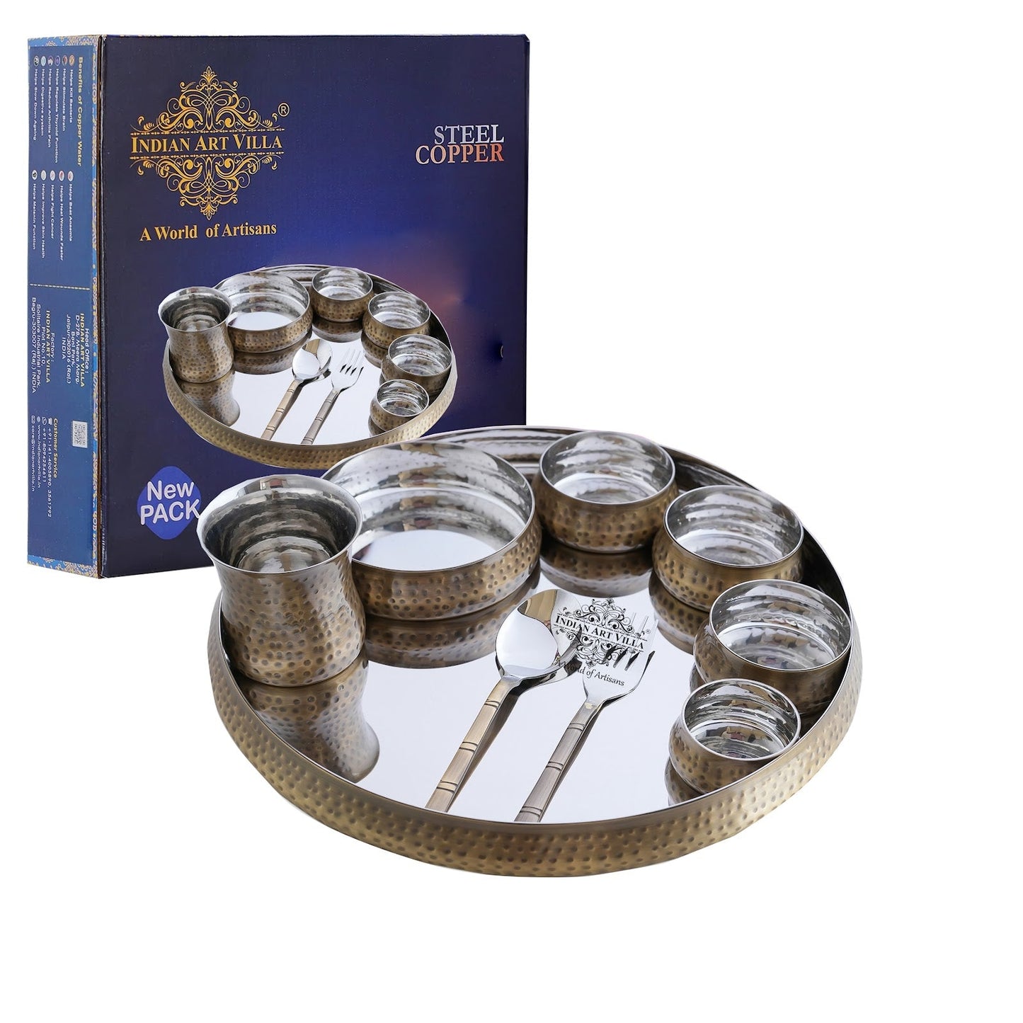 Steel Brass Curve Thali Set 9 Piece, Hammered Antique Finish Design Dinner Set