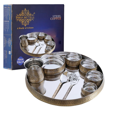 Steel Brass Curve Thali Set 9 Piece, Hammered Antique Finish Design Dinner Set