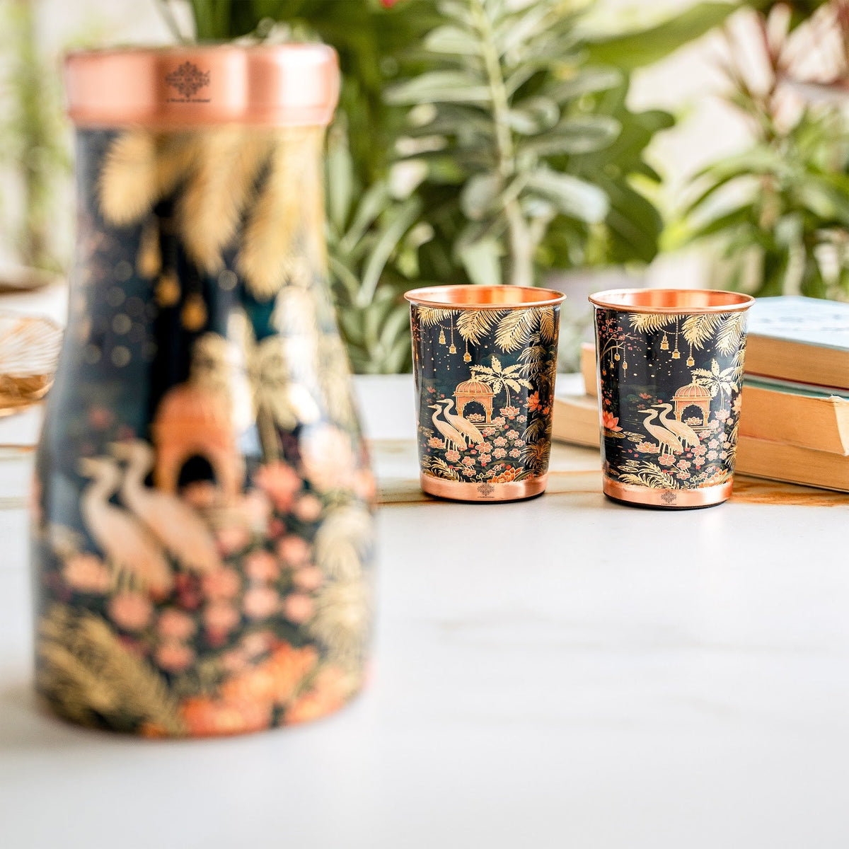 Copper Kalakriti Bedroom Bottle with 2 Glasses Gift Set - 950ML