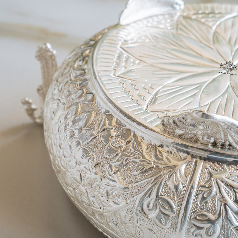 Silver Embossed Urli with Handles & Lotus Design for Home Décor - 1850 ML