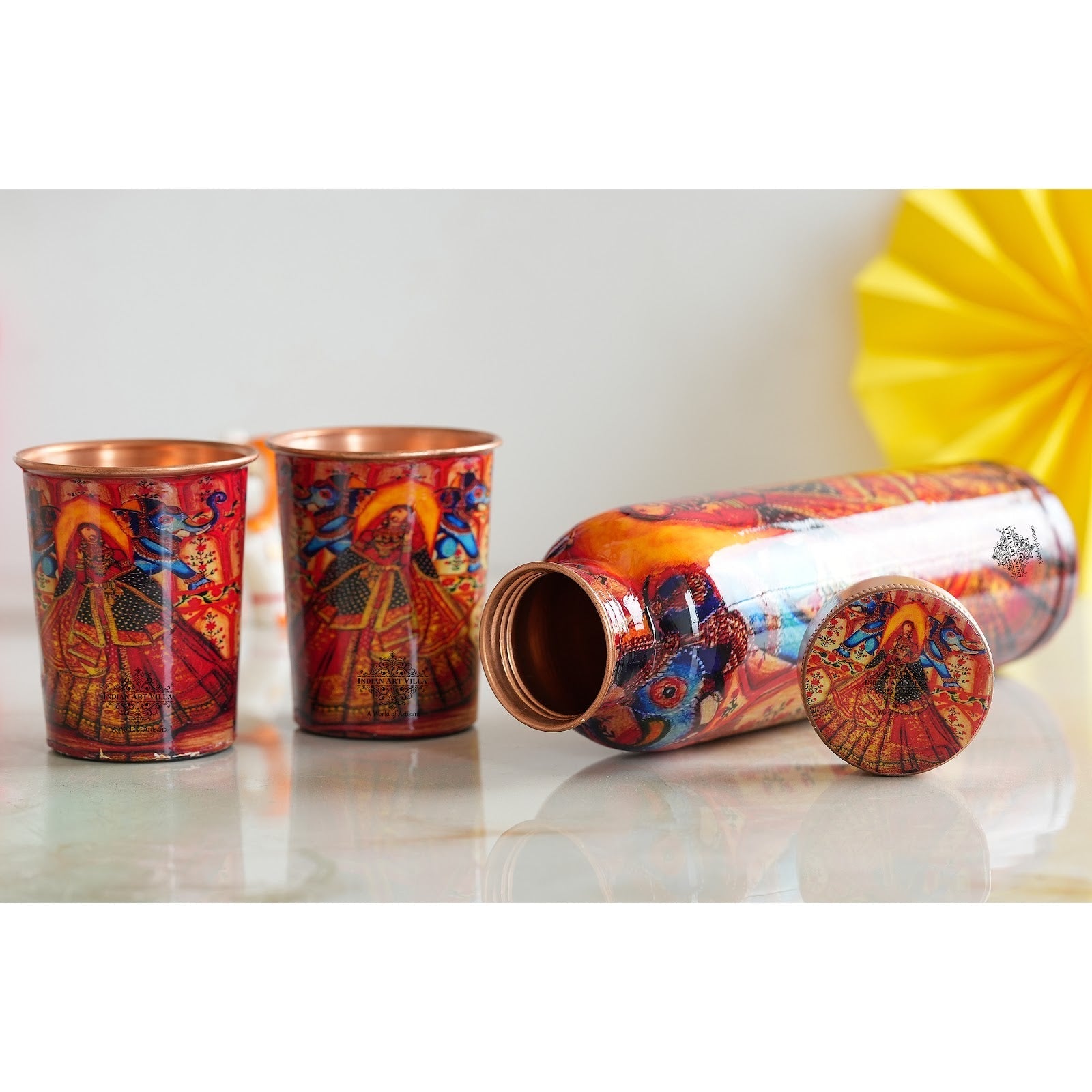 Rajasthani Meena "Padharo Mhare Desh" Printed Copper Bottle & Glass Set