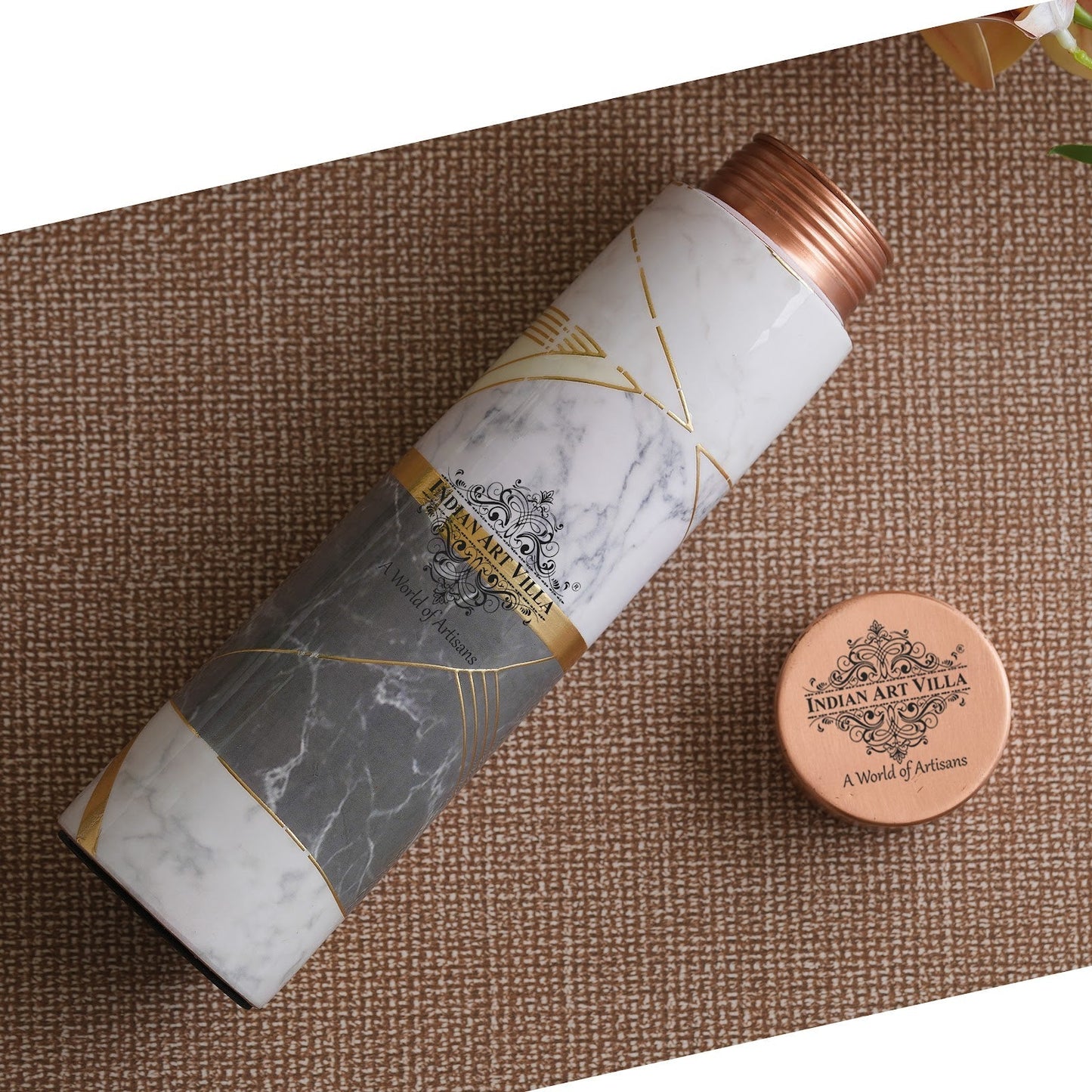 Pure Copper Water Bottle with Pyramid Shape Gold Print Design, 800 ML