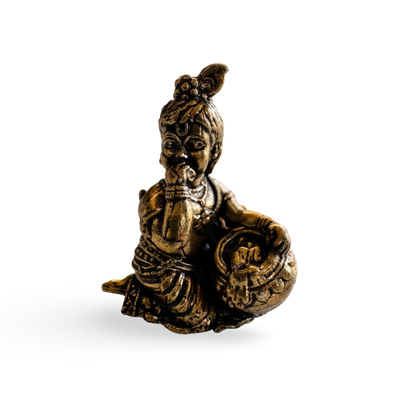 Pure Brass Miniature Bal Krishna Enjoying Makhan from a Pot Murti - 2.54cm