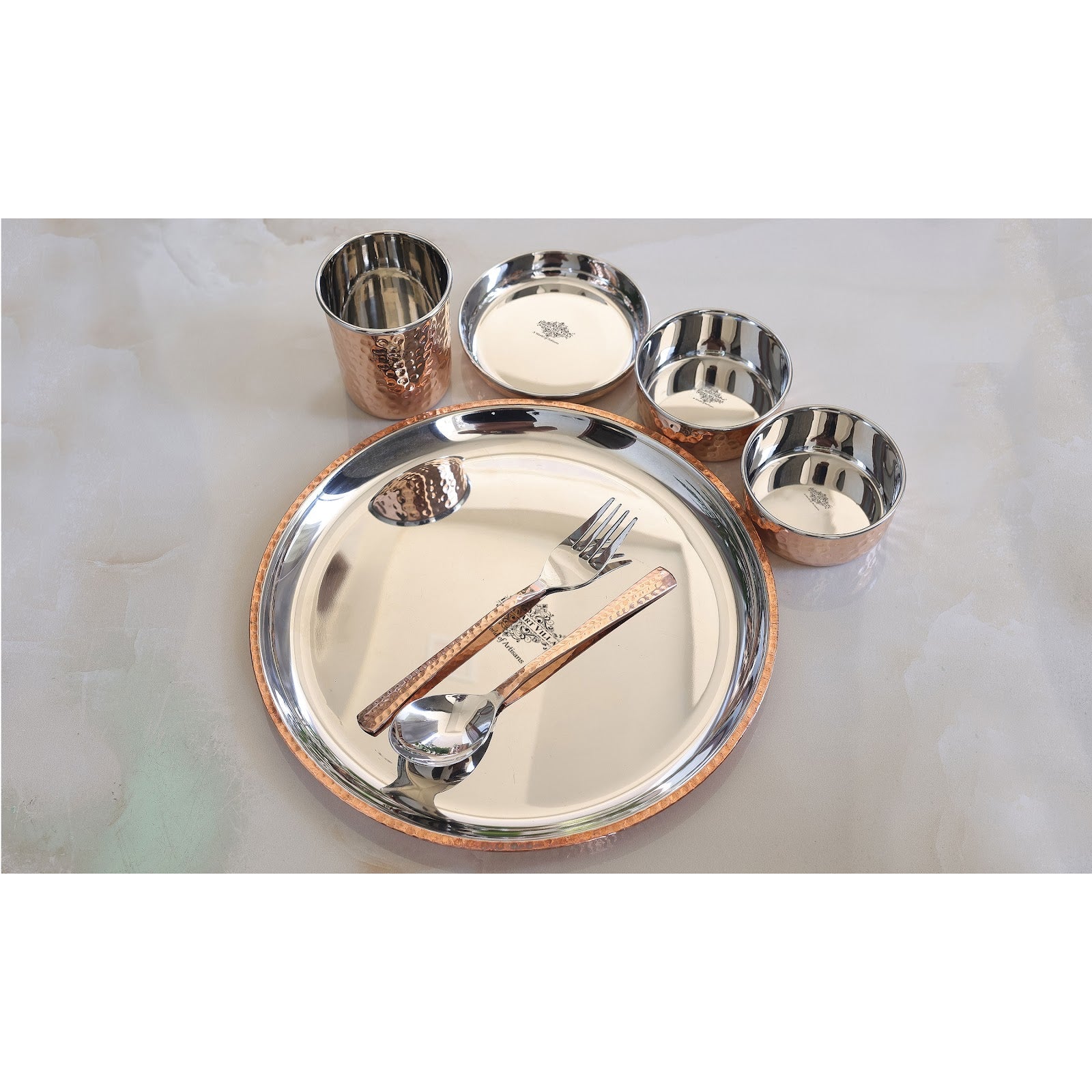 Steel Copper Hammered Design 7 Pieces Dinner Set/Thali Set of 1 Thali, 1 Glass, 1 Spoon, 1 Fork, 1 Small Plate & 2 Bowls, Dinnerware, Tableware Or Crockery