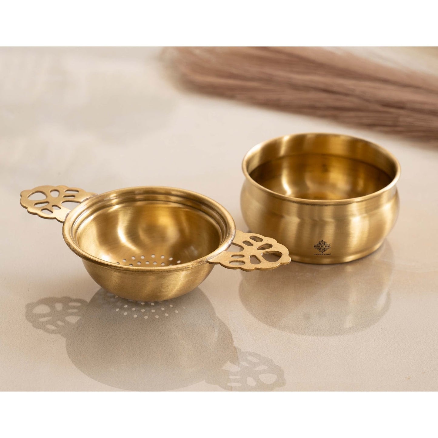 Brass Matt Finish Tea Infuser with Bowl Elegant Chai Chalani