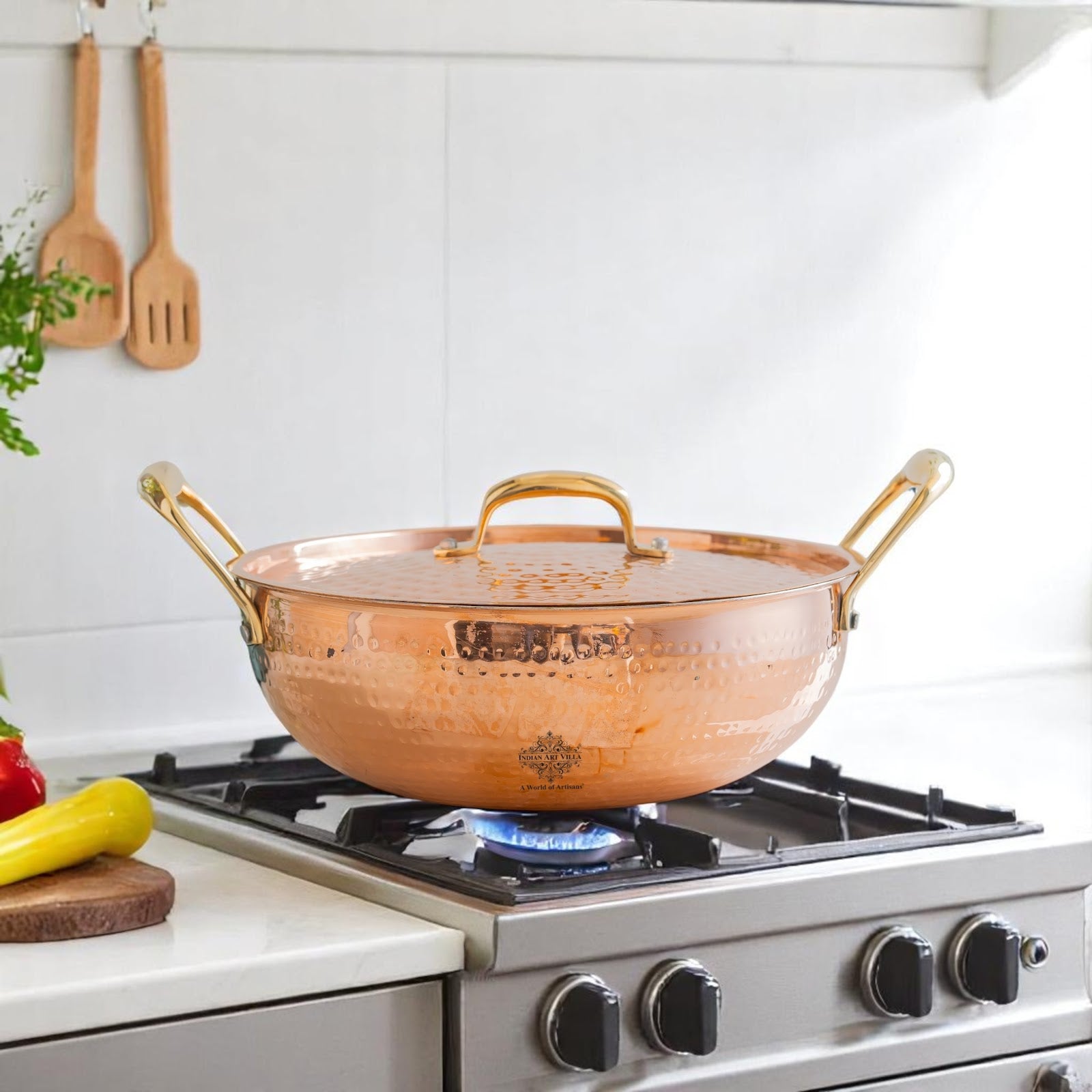 Pure Copper Kadhai With Lid & Inside Tin Lining