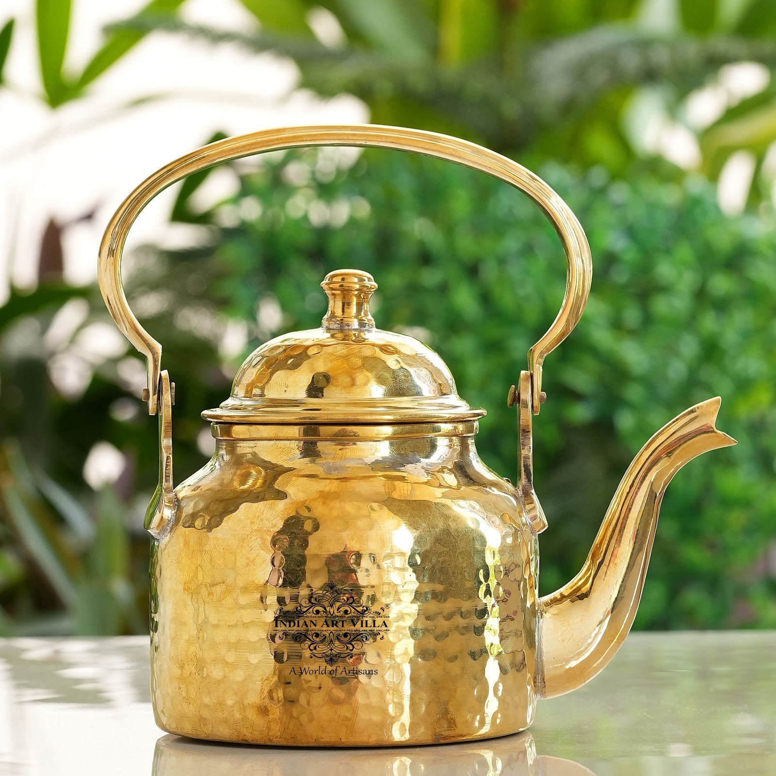 Handcrafted Pure Brass Hammered Tea Pot with Brass Stand with 4 Glass Tea Cup