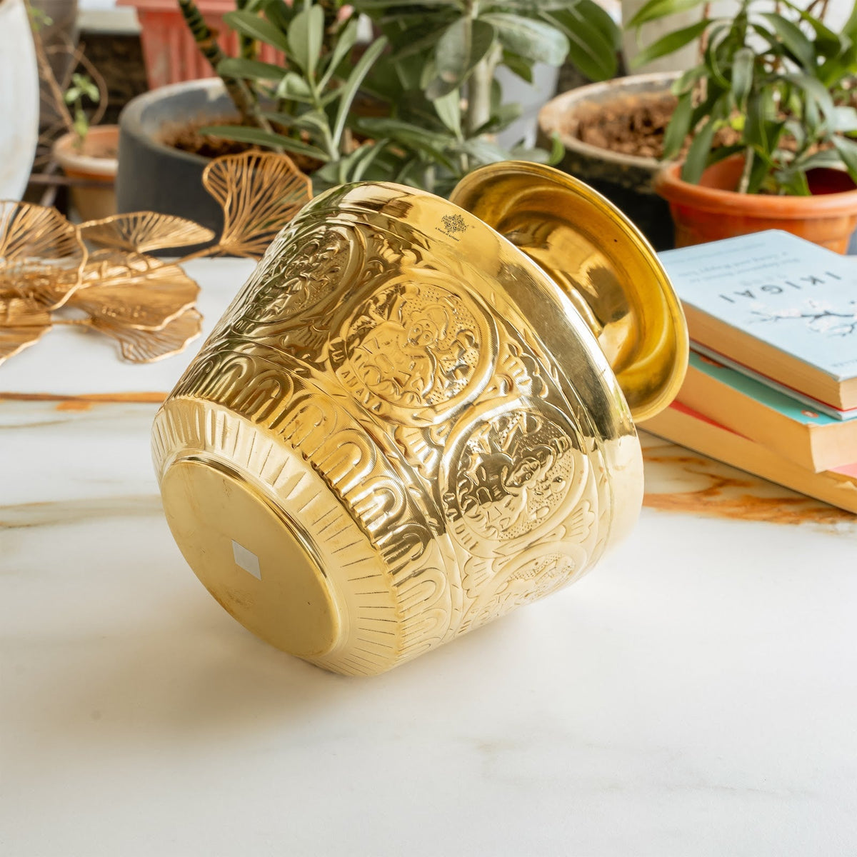 Brass Embossed Kalash with Scrollwork & Base, 3950ml — Hand-Embossed Finish – Authentic Brass