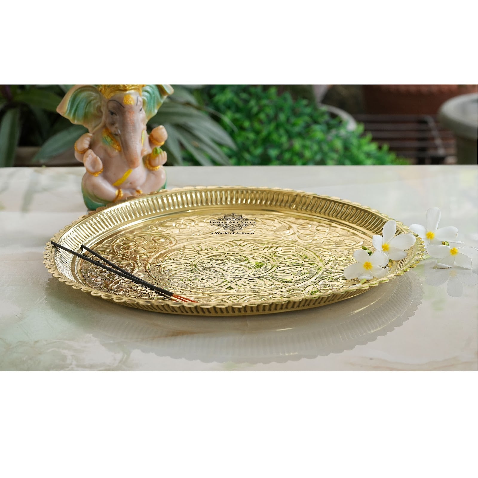 Pure Brass Om Design Pooja Thali Plate | Poojan Temple Home |Diameter 34.04 CMS