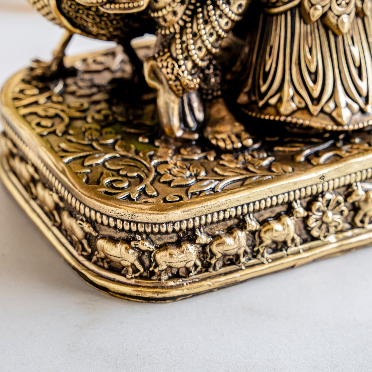 Brass Antique Finish Radha Krishna Standing Idol with Peacock & Cow - 20.32 cm