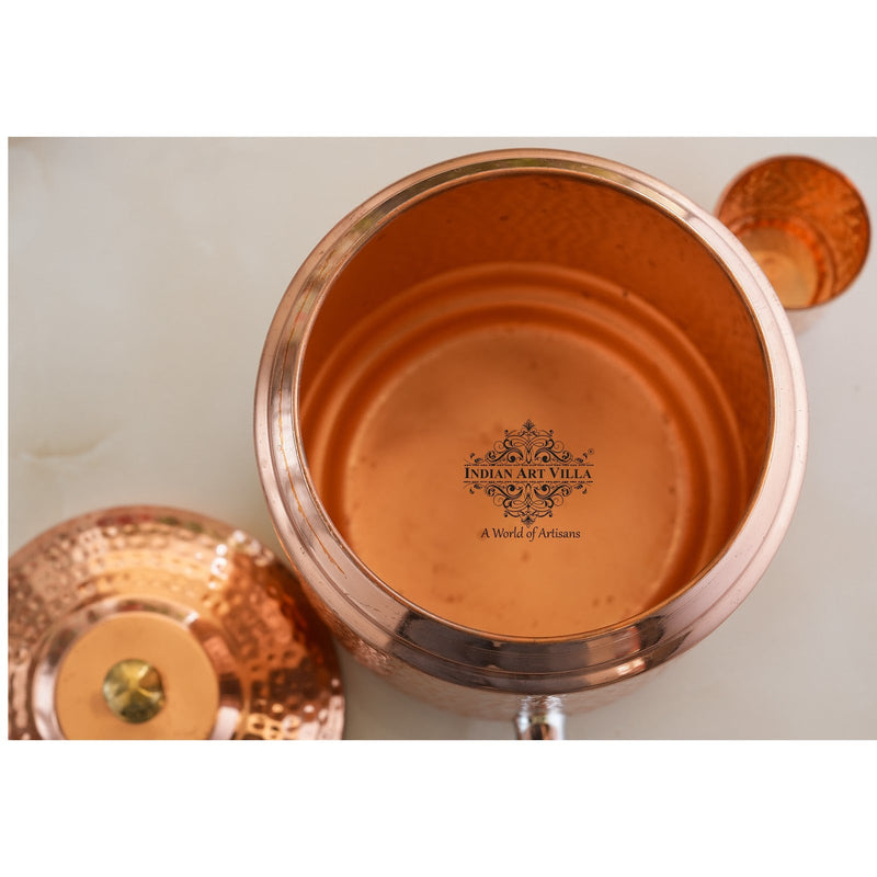 Pure Copper Hammered Design Water Pot Heavy Gauge with Brass Tap & Copper Glass & Stand, Volume- 10 liters
