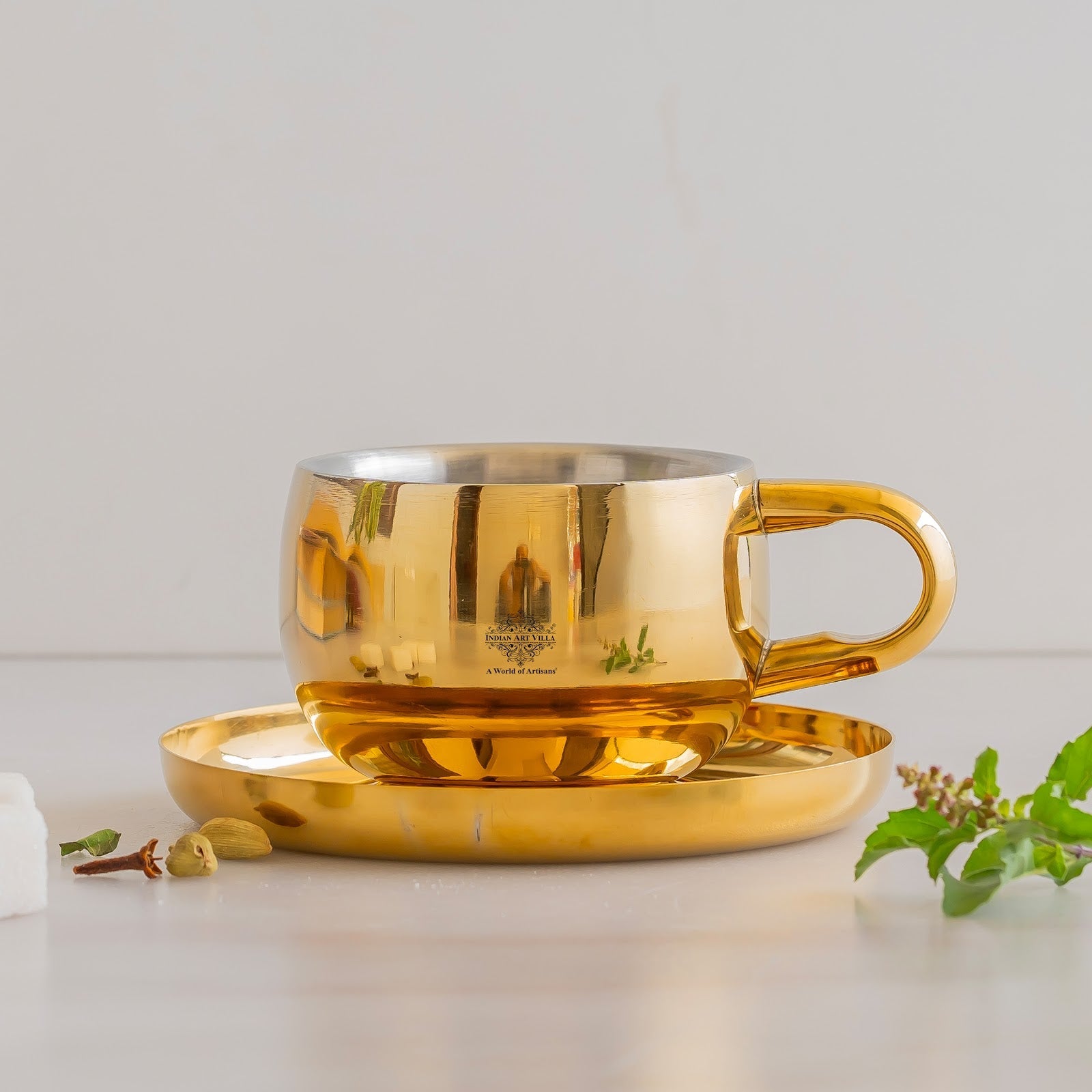 Stainless Steel Brass Gold Finish Insulated Cup With Plate