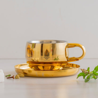 Stainless Steel Brass Gold Finish Insulated Cup With Plate