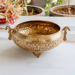 Pure Brass Embossed Urli With Peacock Handles & Lotus Design - 1850ML