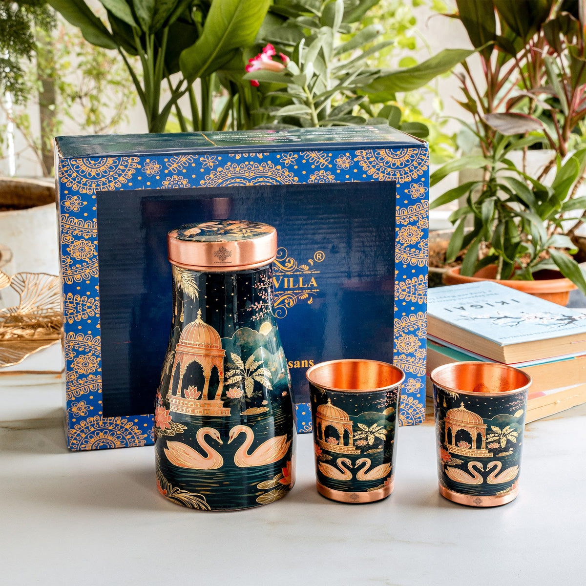Copper Kalakriti Bedroom Bottle with 2 Glasses Gift Set - 950ML