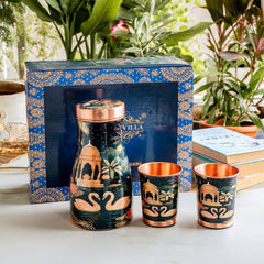 Copper Kalakriti Bedroom Bottle with 2 Glasses Gift Set - 950ML