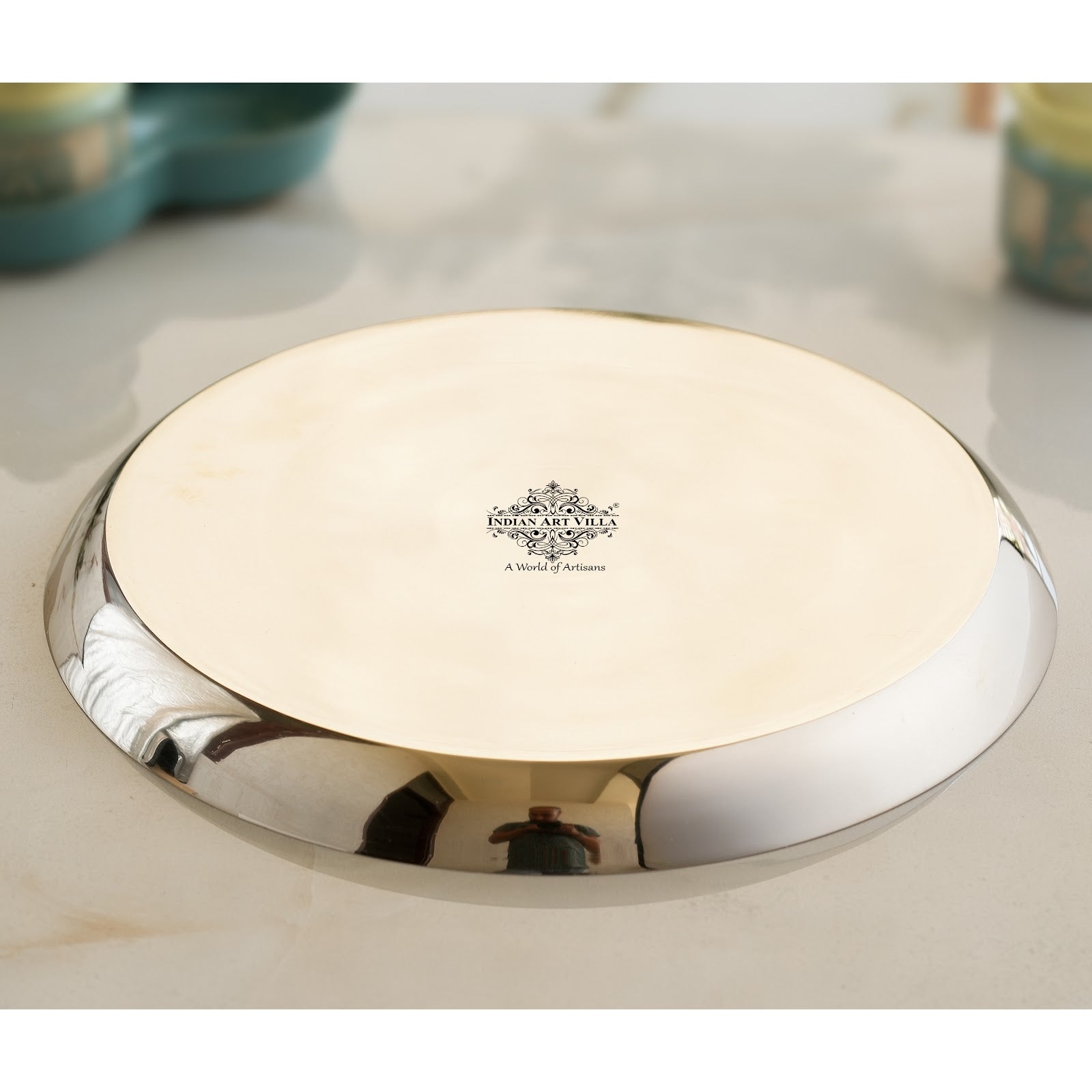 Handcrafted Pure Bronze Thali with China border, Dinnerware, Servware, Tableware, 2.54 cm,11.5 dia.