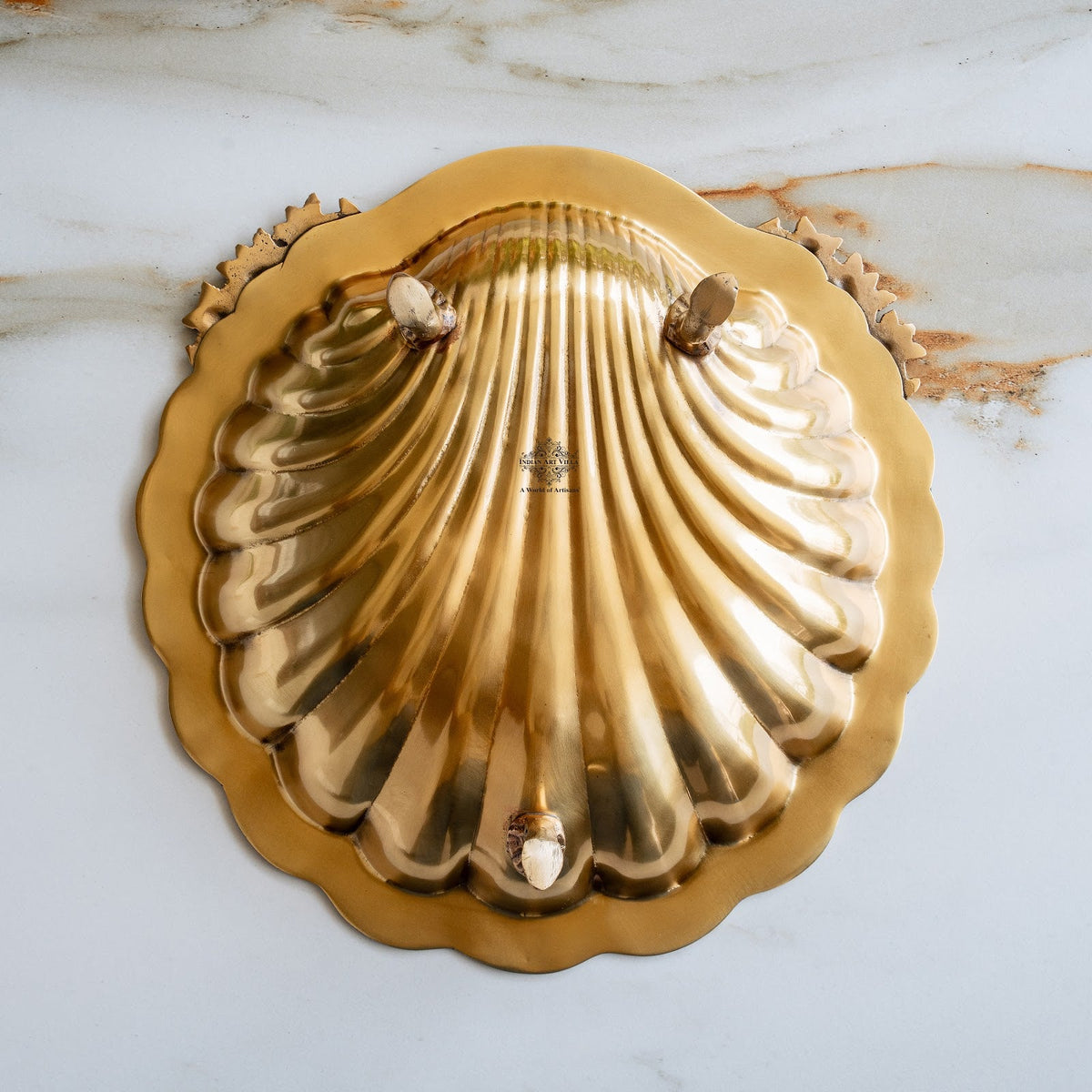 Pure Brass Decorative Platter with Scalloped Edge & Ornate Design - 33.78 cm