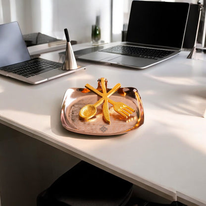 Brass and Copper Finish Napkin Holder with Golden Cutlery Design – Elegant Table Accessory for Dining, Kitchen, Office, and Gifting