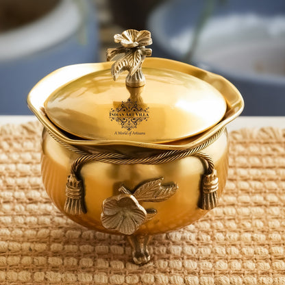 Brass Decorative Handi with Lid Neck Ribbon Bow Design  3 Legs