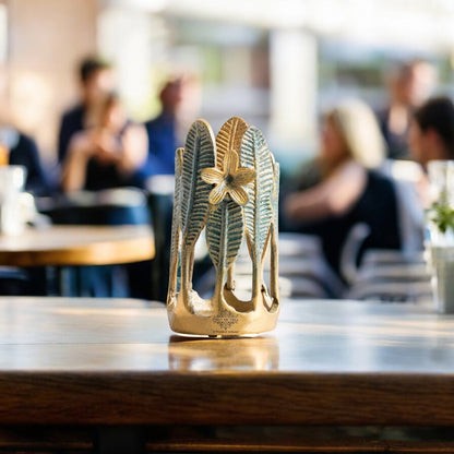 Gold Finish Green Leaf Design Decorative Cutlery Stand– Elegant Handcrafted Multipurpose Holder, Ideal for Dining Table, Kitchen, and Gifting