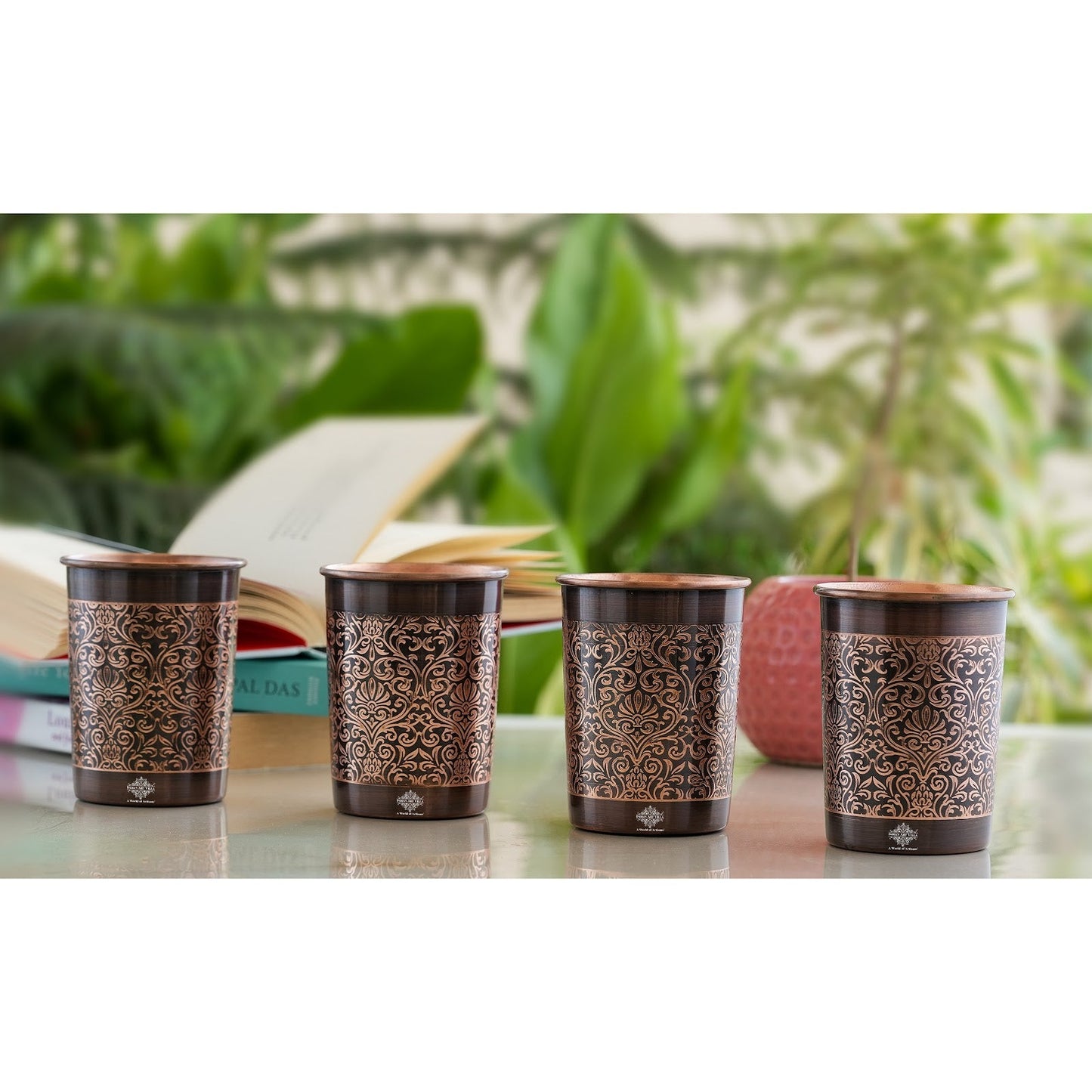 Pure Copper Glass With Handcrafted Embossed Design 275 ML