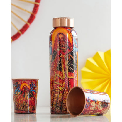 Rajasthani Meena "Padharo Mhare Desh" Printed Copper Bottle & Glass Set
