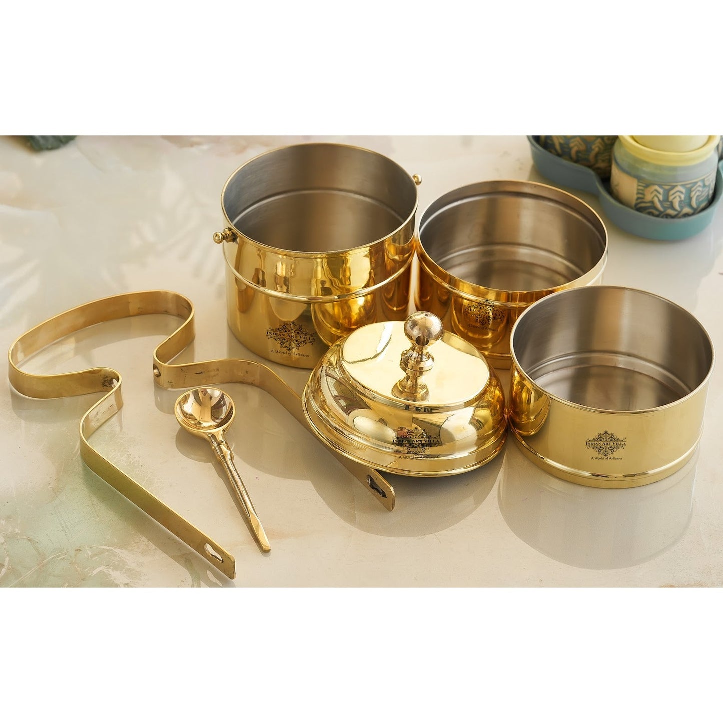 Brass Vintage Design Plain Tiffin with Tin Lining, Traditional Tiffin Box with Spoon, 3 Piece